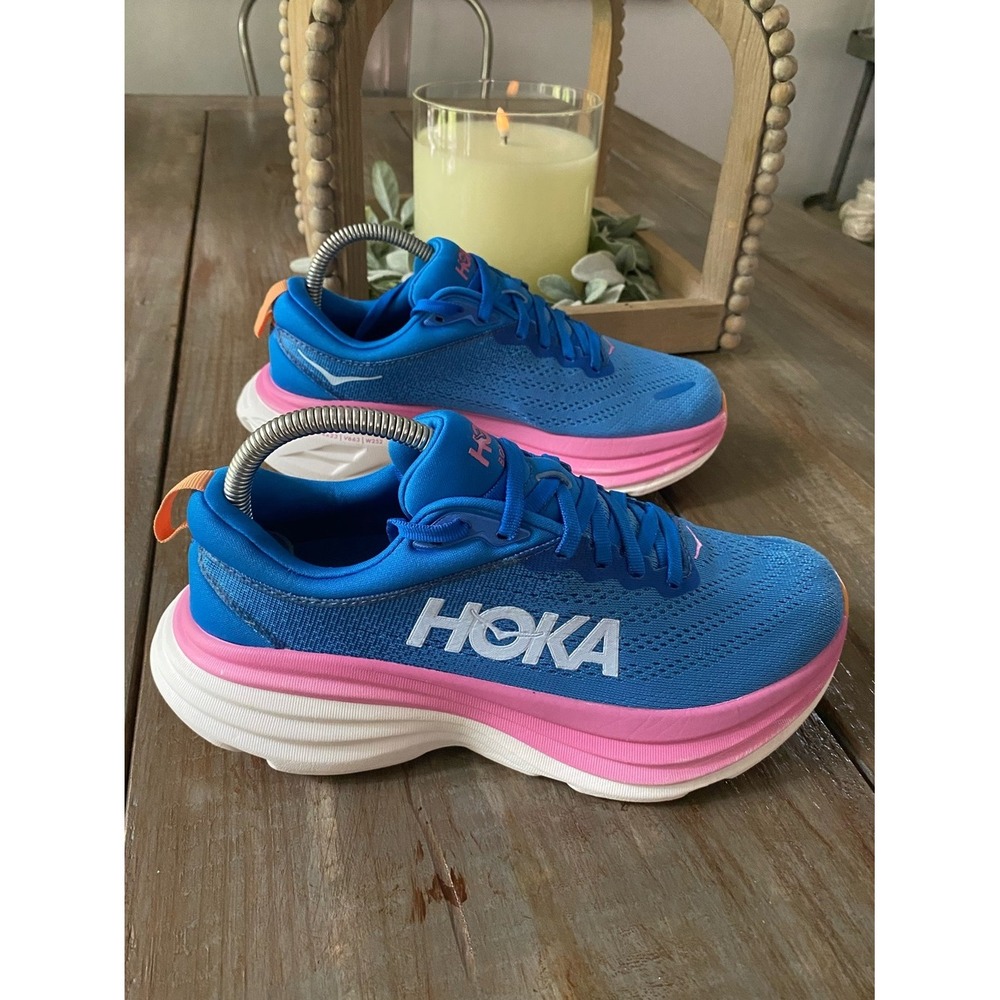 HOKA Bondi 8 Athletic Running Walking Sneakers Shoes Womens 7.5B Blue Pink